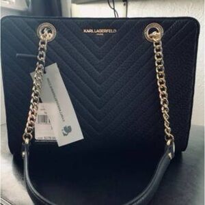 NEW! Karl Lagerfeld Black and Gold Chevron Charlotte Satchel Shoulder Bag